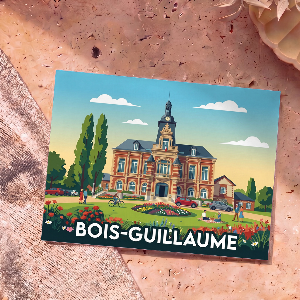 Carte postale souvenir de la ville de Bois-Guillaume avec une illustration stylisée de son hôtel de ville.