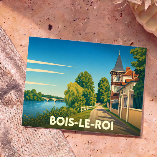 Carte postale souvenir de la ville de Bois-le-Roi avec une illustration stylisée des bords de Seine.