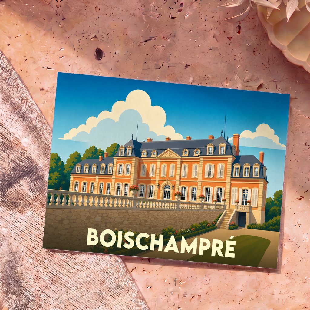 Carte postale souvenir de la ville de Boischampré illustrant un château majestueux dans un style graphique épuré.
