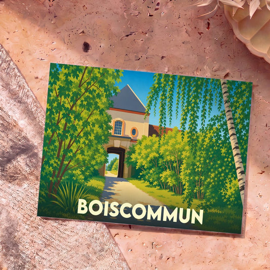 Carte postale souvenir de la ville de Boiscommun avec une illustration stylisée de son patrimoine architectural entouré de verdure.