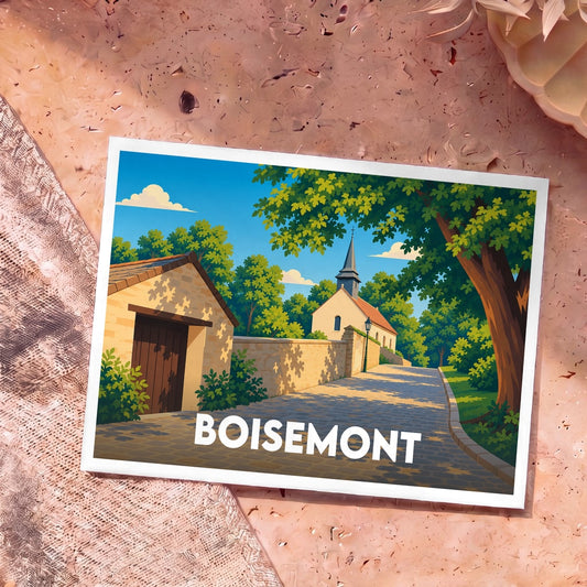 Carte postale souvenir de la ville de Boisemont avec une illustration stylisée d'un village ensoleillé.