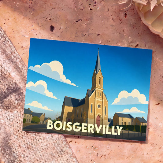 Carte postale souvenir de la ville de Boisgervilly avec une illustration stylisée de son église.