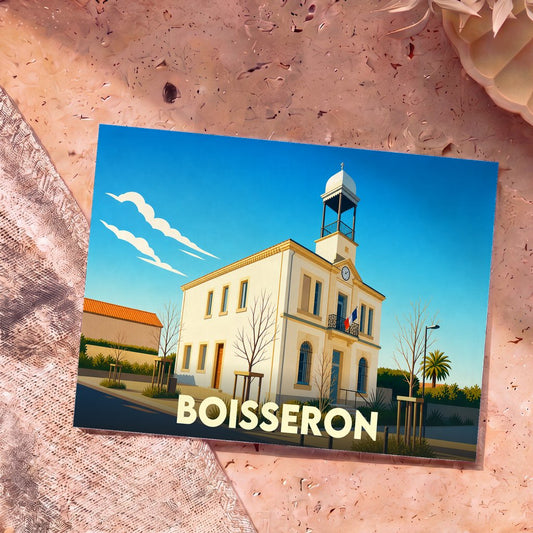 Carte postale souvenir de la ville de Boisseron représentant une illustration stylisée de sa mairie sous un ciel bleu.