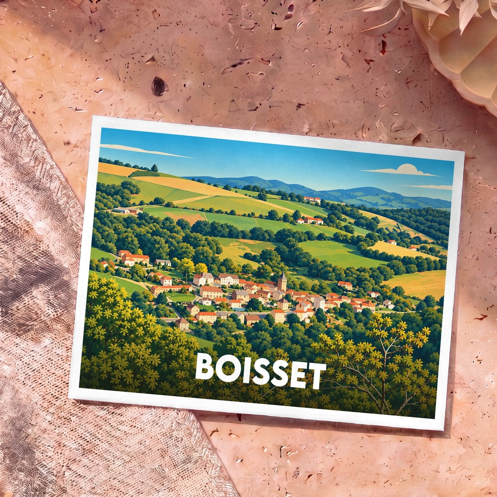 Carte postale souvenir de la ville de Boisset avec une illustration stylisée de ses paysages vallonnés.