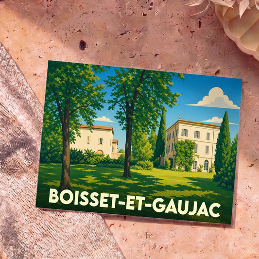Carte postale souvenir de la ville de Boisset-et-Gaujac avec une illustration stylisée d'une demeure provençale.