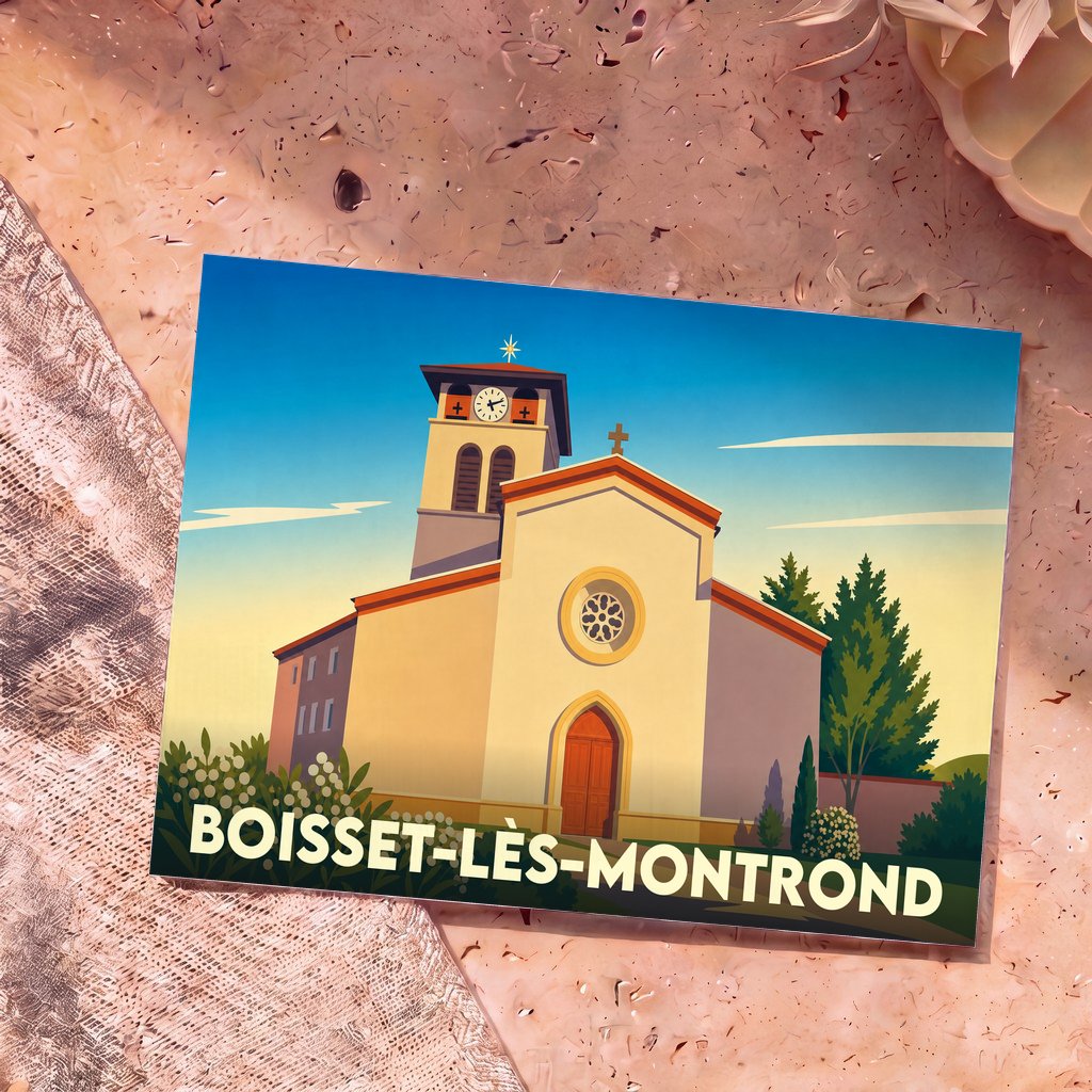 Carte postale souvenir de la commune de Boisset-lès-Montrond illustrant son église dans un style graphique épuré.