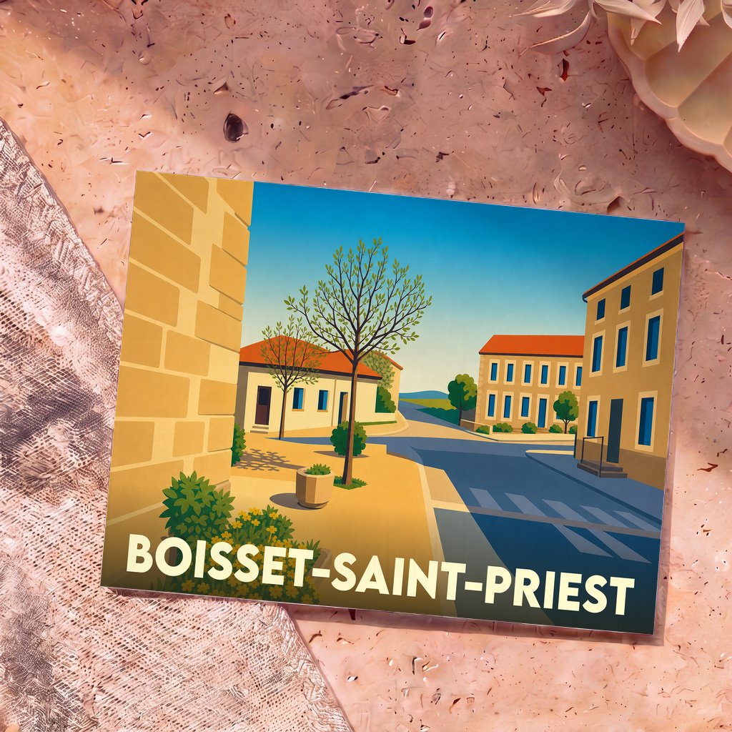 Carte postale souvenir de la commune de Boisset-Saint-Priest illustrée d'un dessin stylisé du village.