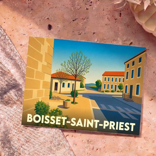 Carte postale souvenir de la commune de Boisset-Saint-Priest illustrée d'un dessin stylisé du village.