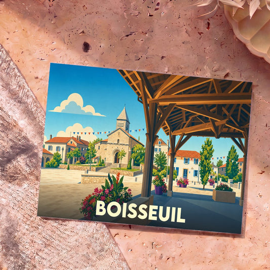 Carte postale souvenir de la ville de Boisseuil avec une illustration stylisée de sa place centrale et de son église.