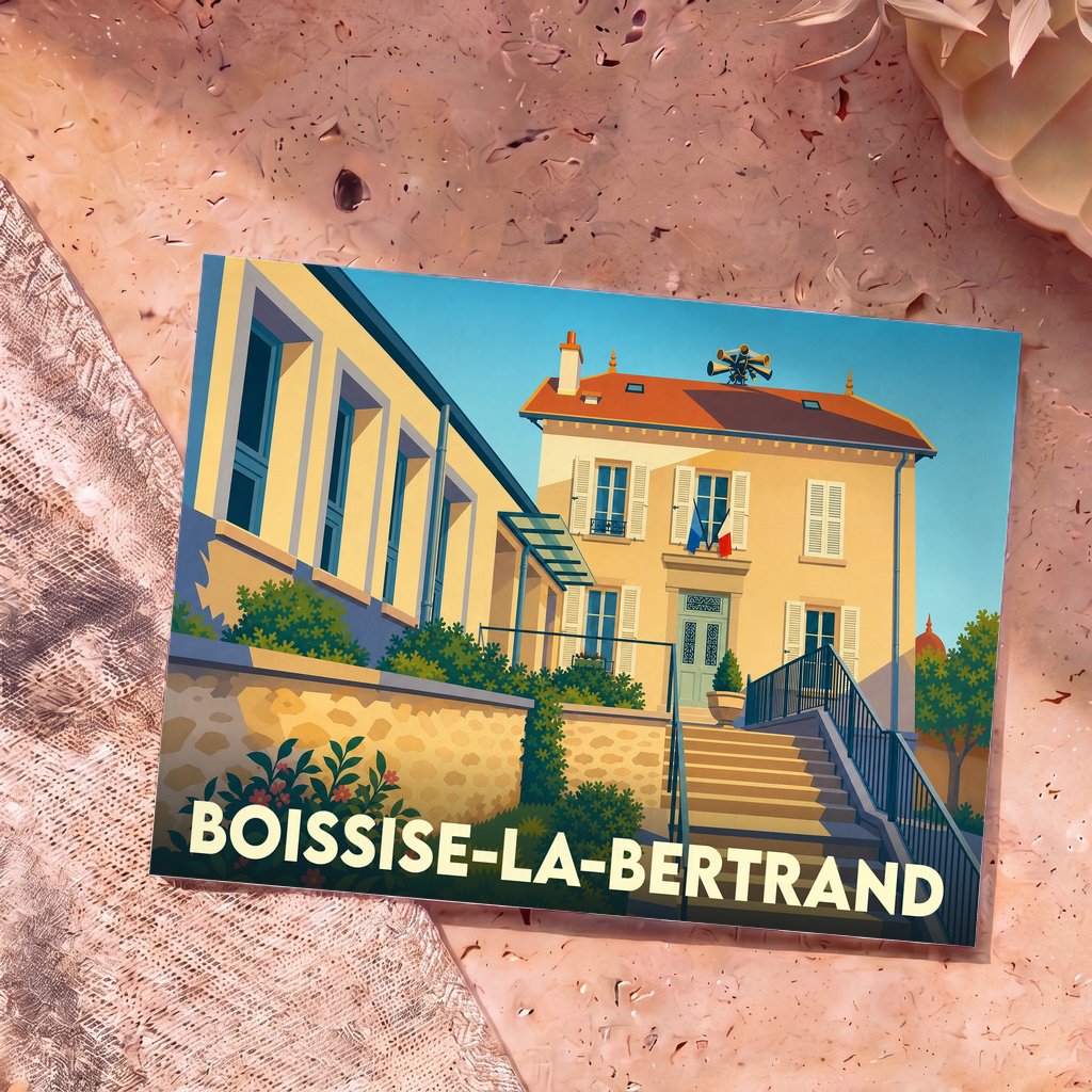 Carte postale souvenir de la ville de Boissise-la-Bertrand avec une illustration stylisée de la mairie.