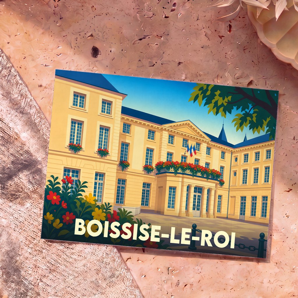 Carte postale souvenir de la ville de Boissise-le-Roi avec une illustration colorée de l'hôtel de ville.