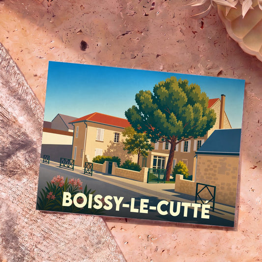 Carte postale souvenir de Boissy-le-Cutté avec une illustration stylisée d'une rue ensoleillée du village.