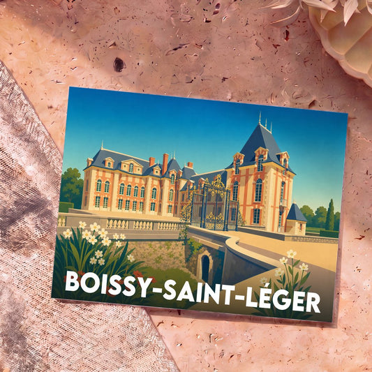 Carte postale souvenir de la ville de Boissy-Saint-Léger illustrant le château de Grosbois dans un style graphique épuré.