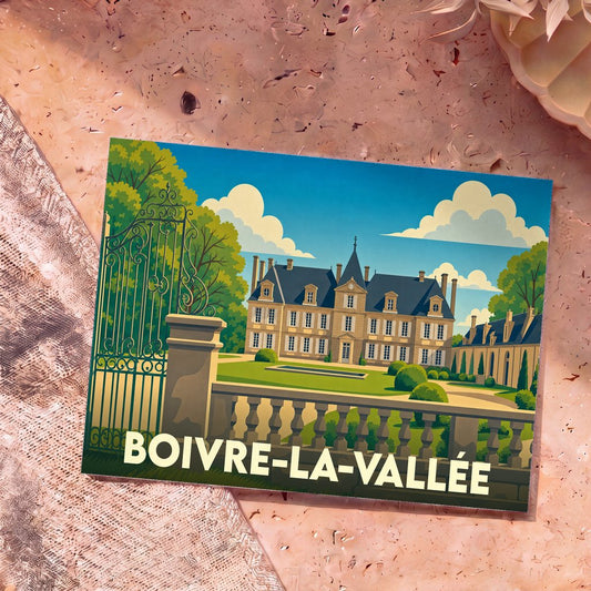 Carte postale souvenir de la ville de Boivre-la-Vallée avec une illustration stylisée d'un château.