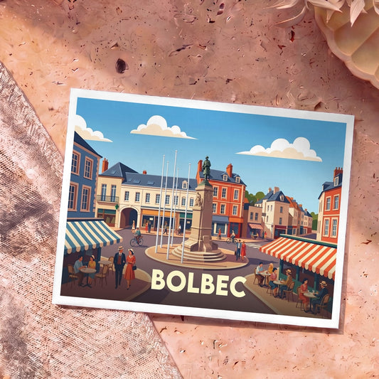 Carte postale souvenir de la ville de Bolbec avec une illustration stylisée et colorée de sa place centrale.