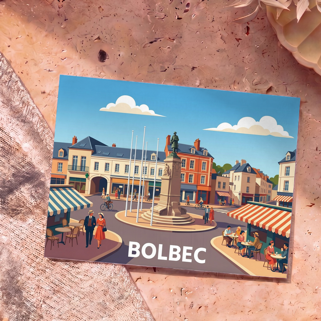 Carte postale souvenir de la ville de Bolbec avec une illustration stylisée et colorée de sa place centrale.