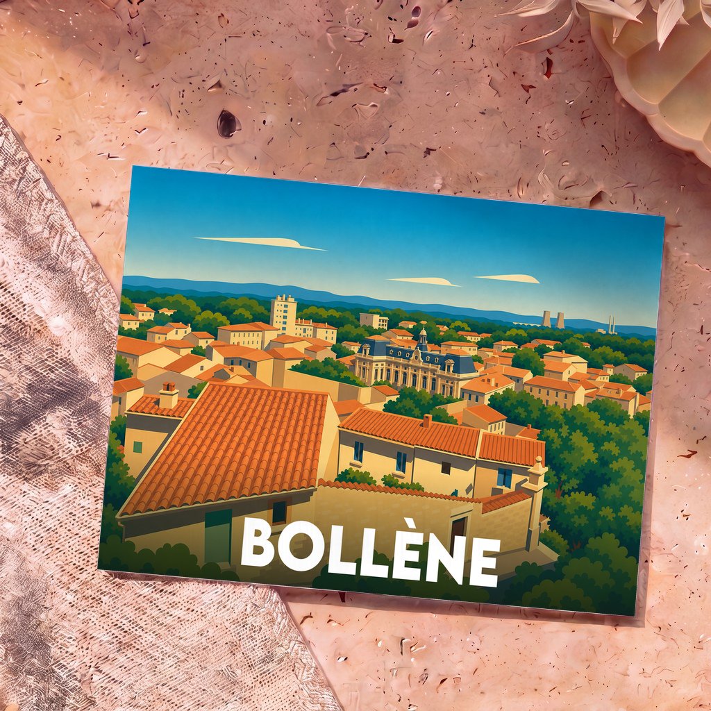 Carte postale souvenir de la ville de Bollène présentant une illustration stylisée et colorée de ses toits.