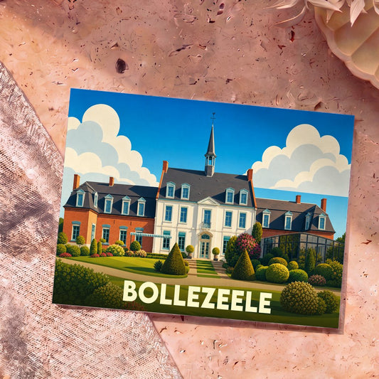 Carte postale souvenir de la ville de Bollezeele avec une illustration stylisée d'un manoir et de ses jardins.