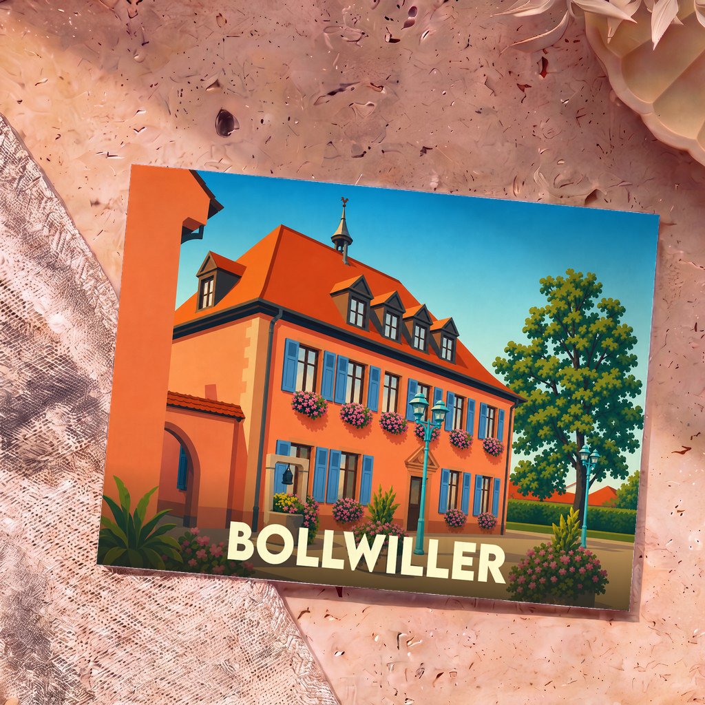 Carte postale souvenir de la ville de Bollwiller avec une illustration stylisée d'une maison traditionnelle alsacienne fleurie.
