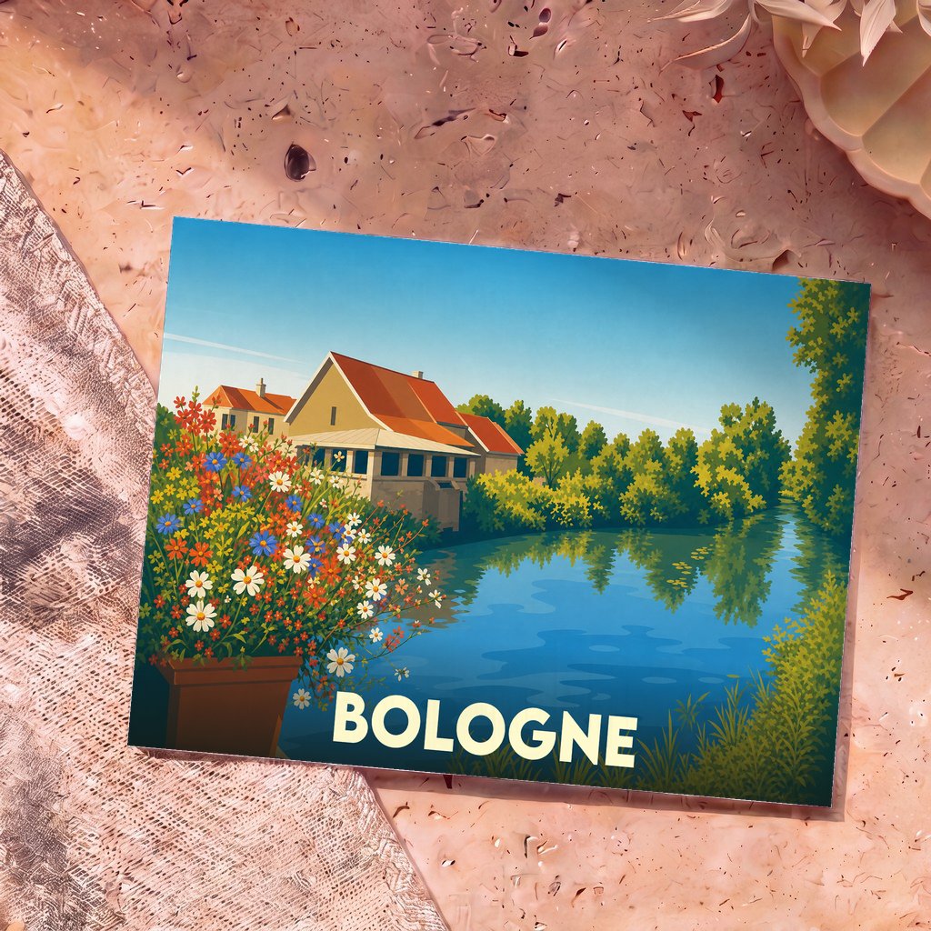 Carte postale souvenir de la ville de Bologne avec une illustration colorée représentant une maison au bord de l'eau.