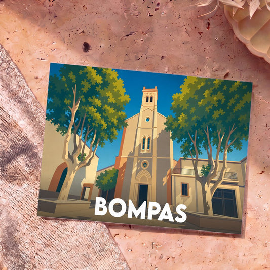 Carte postale souvenir de la ville de Bompas avec une illustration stylisée d'une église sous un ciel bleu.