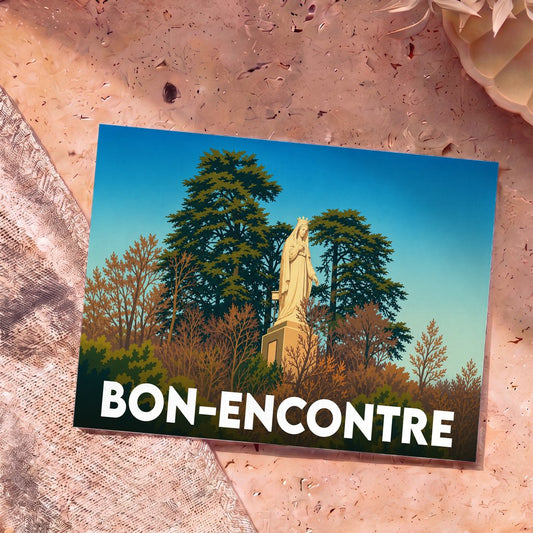 Carte postale souvenir de la ville de Bon-Encontre illustrant une statue de la Vierge Marie au milieu d'un paysage arboré.