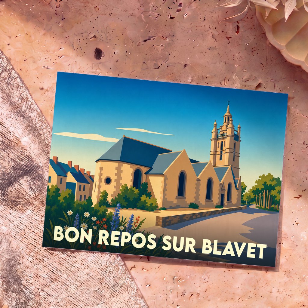 Carte postale souvenir de la ville de Bon Repos sur Blavet avec une illustration stylisée de son église.