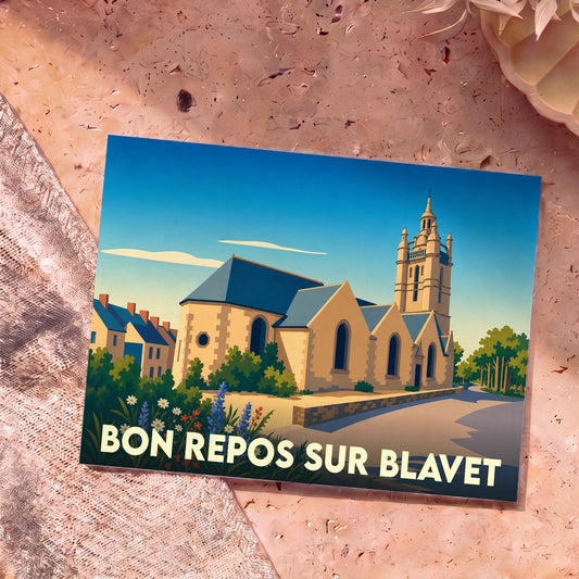 Carte postale souvenir de la ville de Bon Repos sur Blavet avec une illustration stylisée de son église.