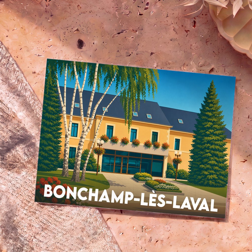 Carte postale souvenir de la ville de Bonchamp-lès-Laval avec une illustration stylisée de sa mairie.