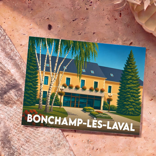 Carte postale souvenir de la ville de Bonchamp-lès-Laval avec une illustration stylisée de sa mairie.