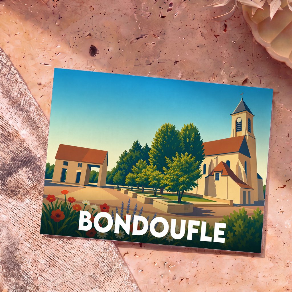 Carte postale souvenir de la ville de Bondoufle avec une illustration stylisée de son église et de sa place.