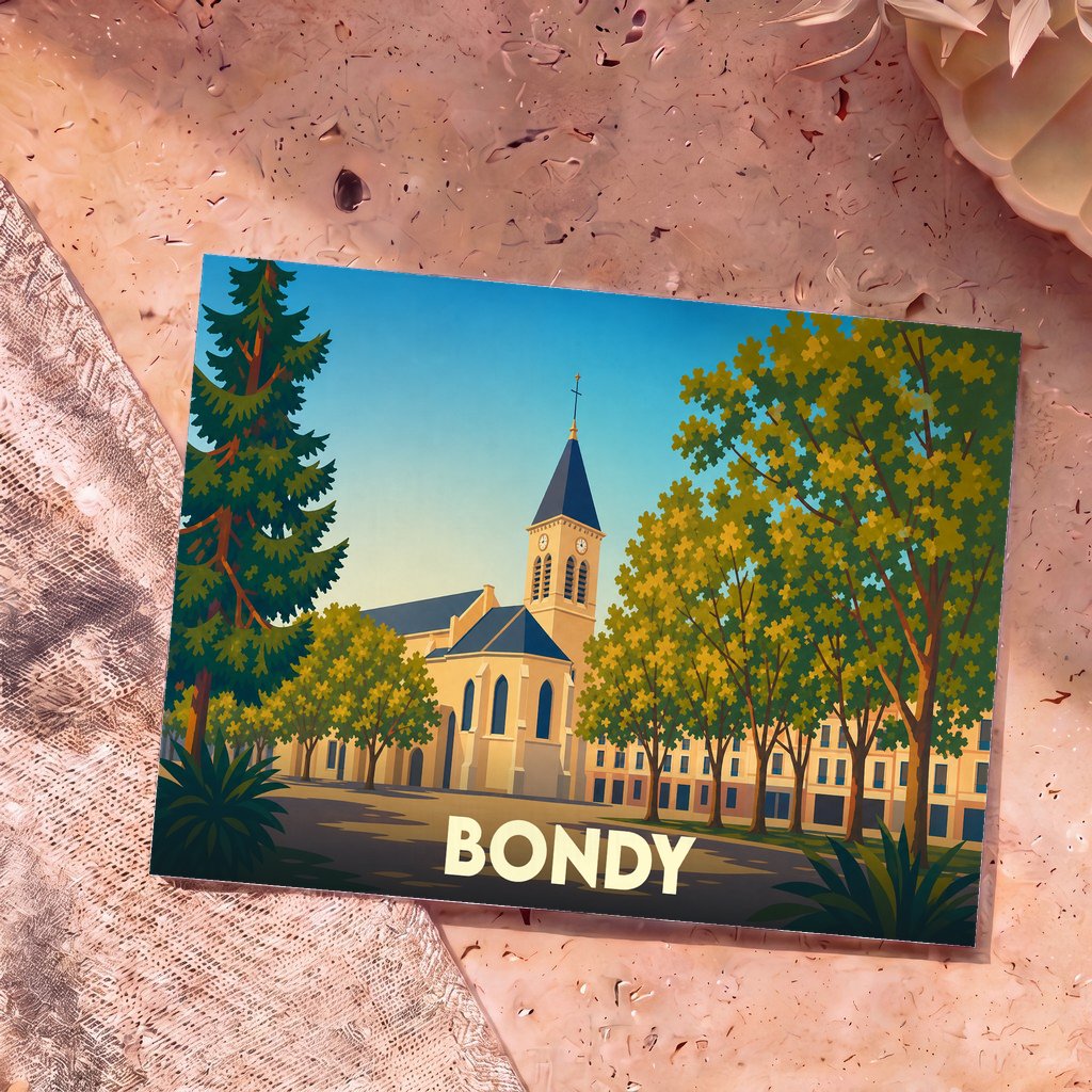 Carte postale souvenir de la ville de Bondy avec une illustration stylisée de son église et de ses arbres.