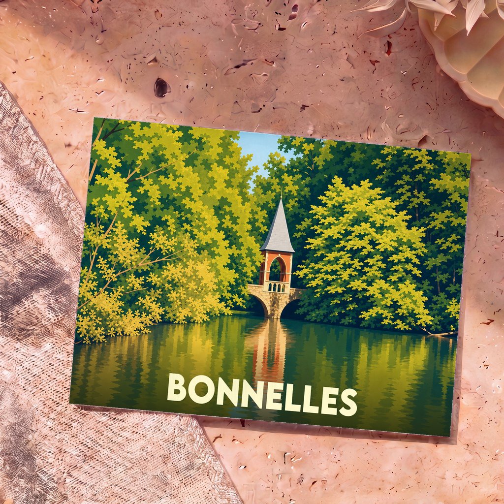 Carte postale souvenir de la ville de Bonnelles avec une illustration stylisée d'un petit pavillon sur un pont au-dessus de l'eau.