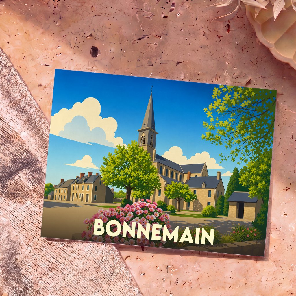 Carte postale souvenir de la ville de Bonnemain avec une illustration stylisée de son église et de ses maisons en pierre.