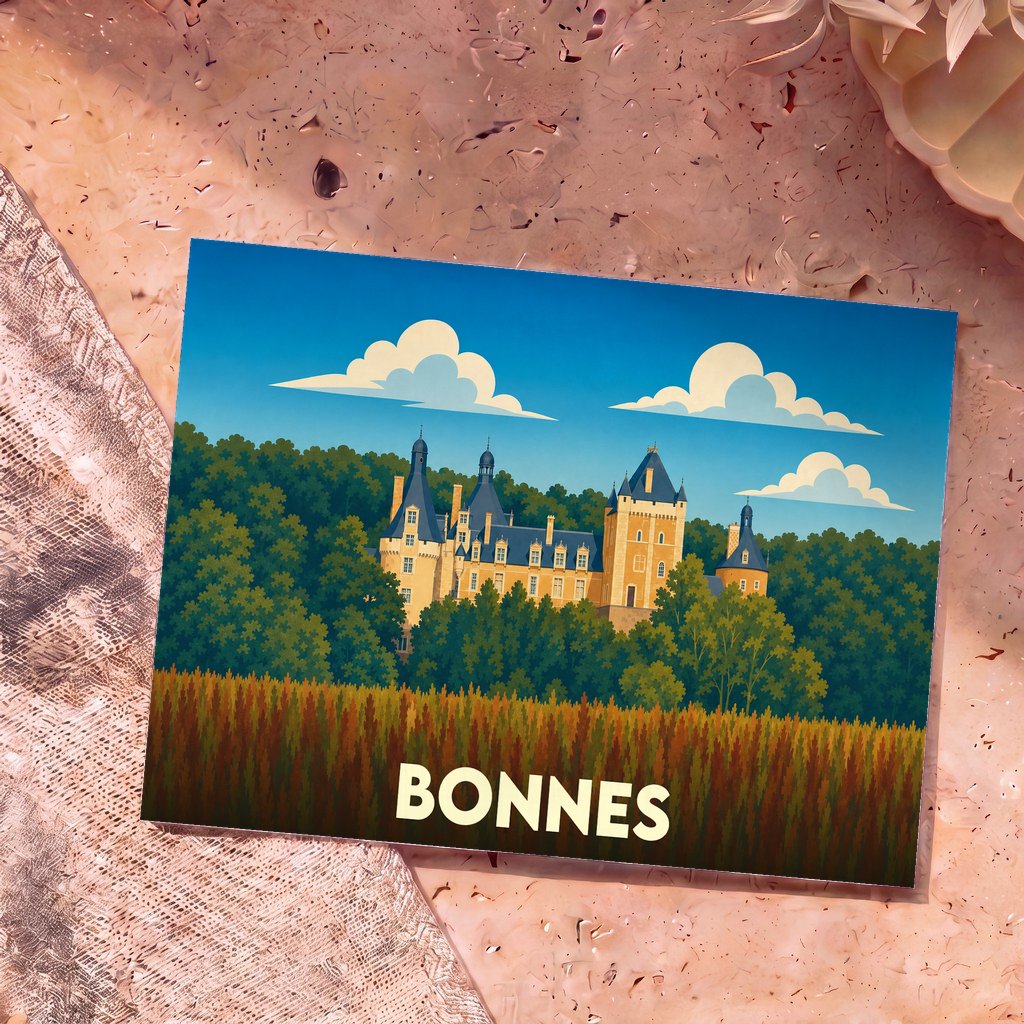 Carte postale souvenir de la ville de Bonnes avec une illustration stylisée d'un château entouré de forêt.