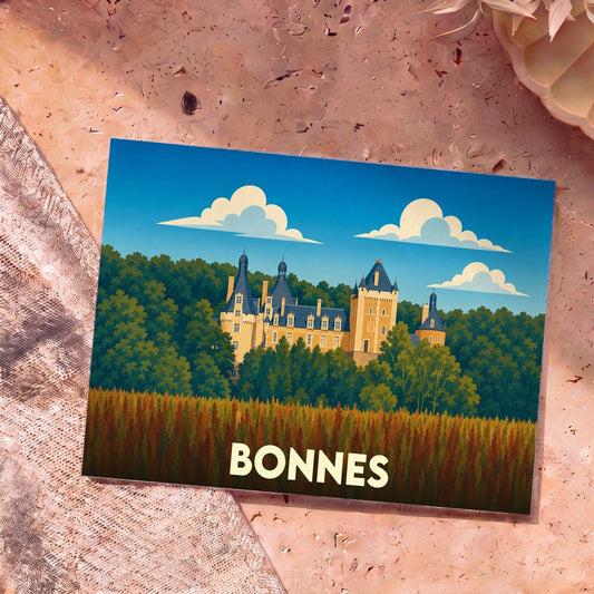 Carte postale souvenir de la ville de Bonnes avec une illustration stylisée d'un château entouré de forêt.