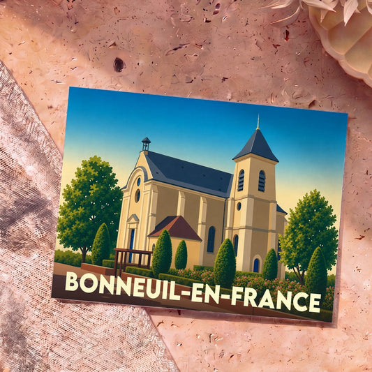 Carte postale souvenir de la ville de Bonneuil-en-France avec une illustration stylisée de son église.