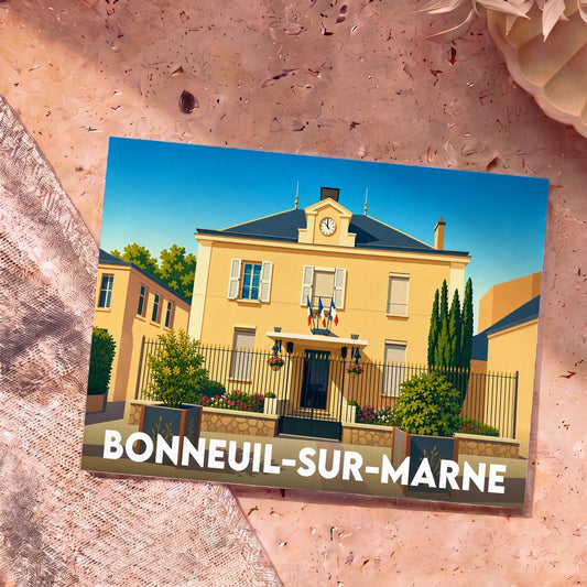 Carte postale souvenir de la ville de Bonneuil-sur-Marne illustrée par un dessin stylisé de sa mairie.