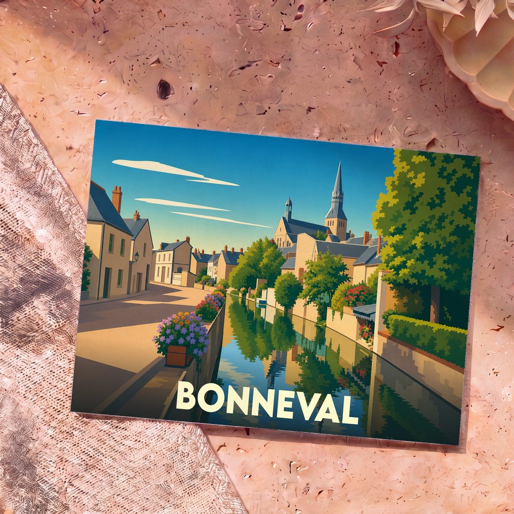 Carte postale souvenir de la ville de Bonneval avec une illustration stylisée d'un canal bordé de maisons.