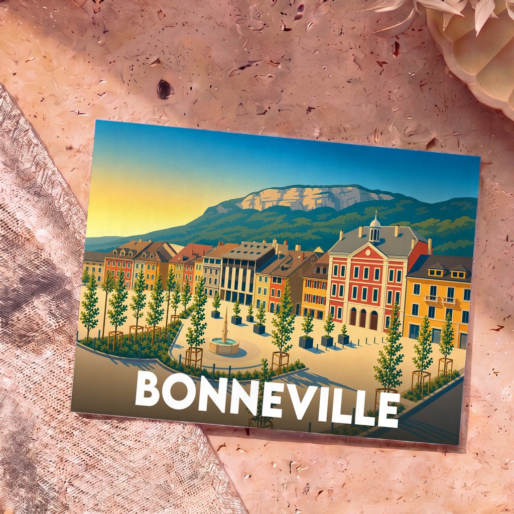 Carte postale souvenir de la ville de Bonneville avec une illustration stylisée de sa place centrale et des montagnes environnantes.