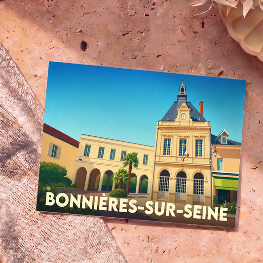 Carte postale souvenir de la ville de Bonnières-sur-Seine avec une illustration stylisée de sa mairie.