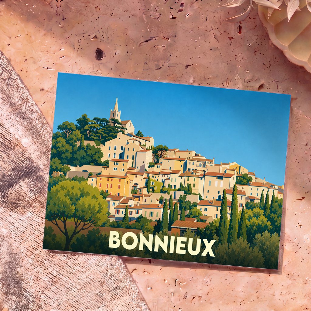 Carte postale souvenir de la ville de Bonnieux avec une illustration stylisée et colorée.