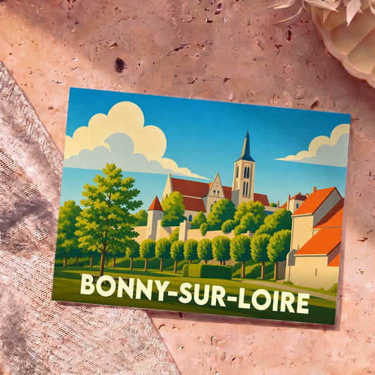 Carte postale souvenir de la ville de Bonny-sur-Loire avec une illustration stylisée.