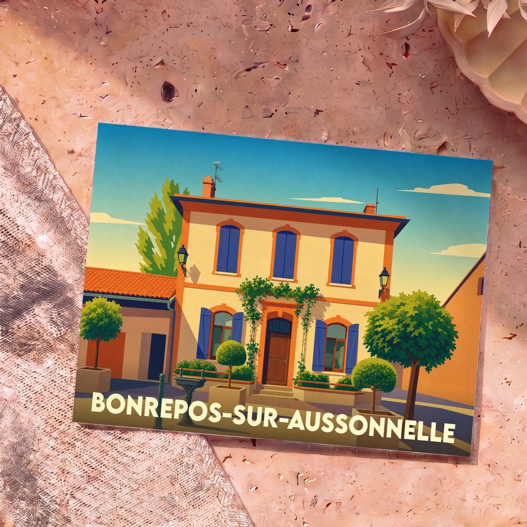 Carte postale souvenir de la ville de Bonrepos-sur-Aussonnelle avec une illustration stylisée d'une maison de village colorée.