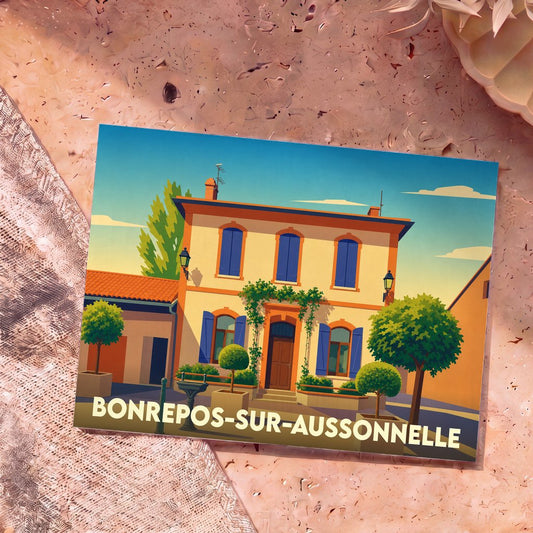 Carte postale souvenir de la ville de Bonrepos-sur-Aussonnelle avec une illustration stylisée d'une maison de village colorée.