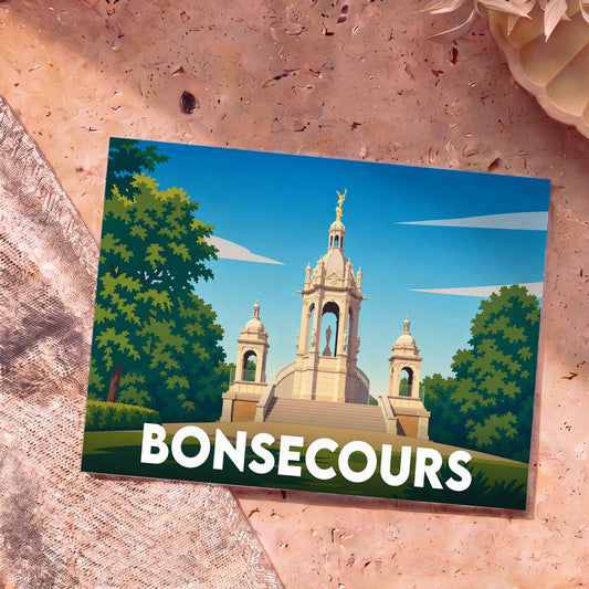 Carte postale souvenir de la ville de Bonsecours avec une illustration stylisée du monument Jeanne d'Arc.