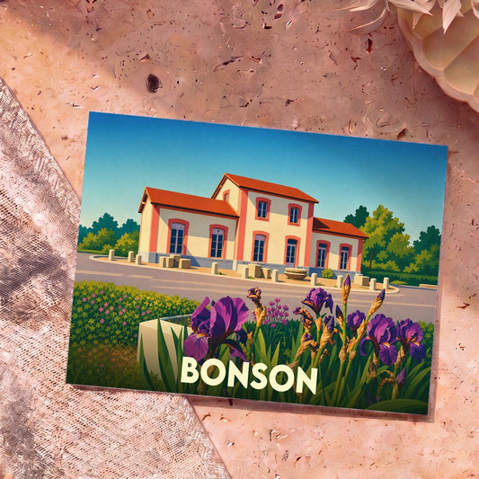 Carte postale souvenir de la ville de Bonson avec une illustration stylisée de son ancienne gare fleurie d'iris.
