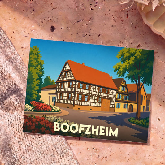 Carte postale souvenir de la ville de Boofzheim avec une illustration stylisée d'une maison à colombages.