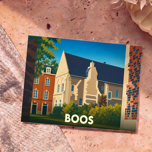 Carte postale souvenir de la ville de Boos avec une illustration stylisée de ses bâtiments historiques.