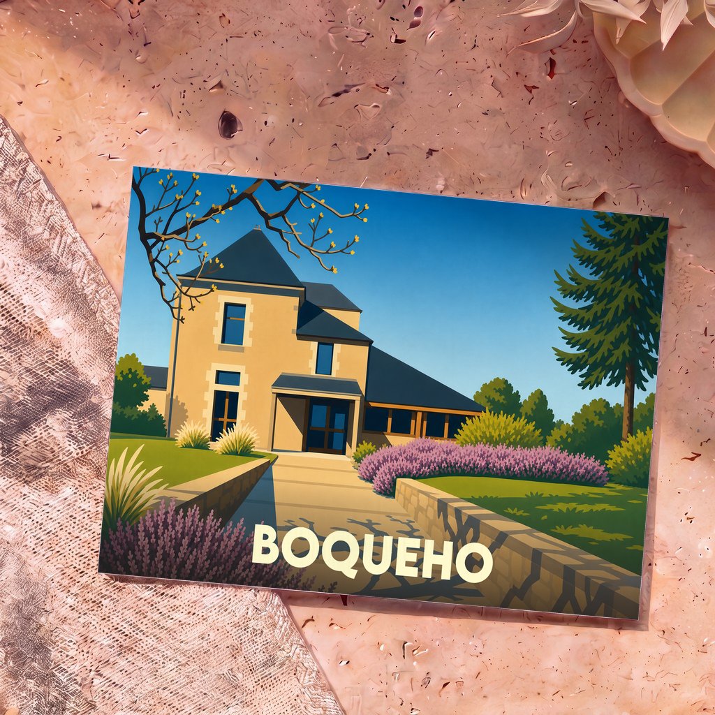 Carte postale souvenir de la ville de Boqueho avec une illustration stylisée d'une maison traditionnelle bretonne.